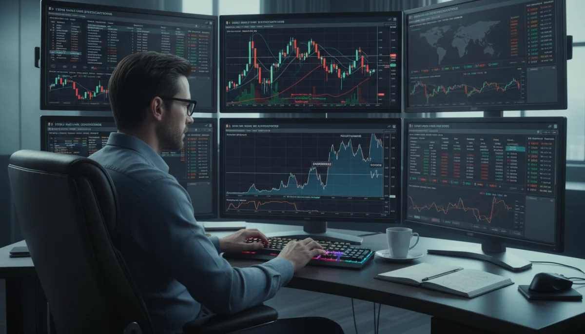 Trader analyzing multiple screens with 14-day RSI divergence for equity reversals