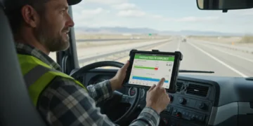 Professional truck driver using digital logbook for HOS compliance