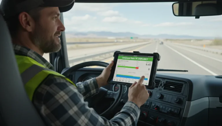 Professional truck driver using digital logbook for HOS compliance