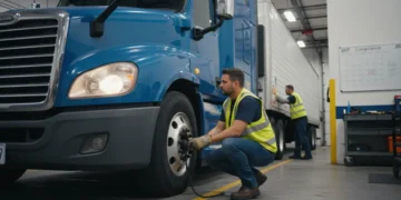 Truck driver performing thorough pre-trip inspection for roadside inspections 2026