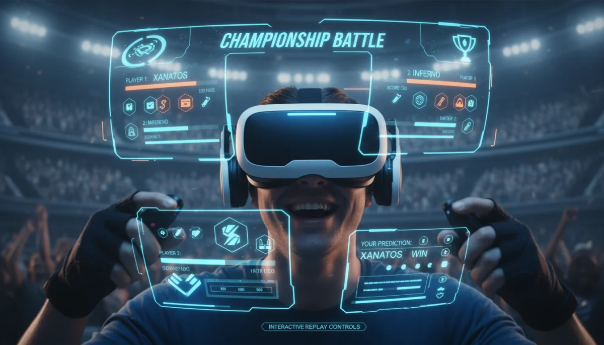 Fan immersed in virtual reality championship experience with holographic data