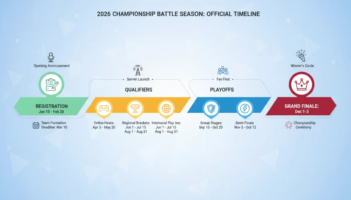 Infographic of the 2026 Championship Battle Season timeline and event phases.