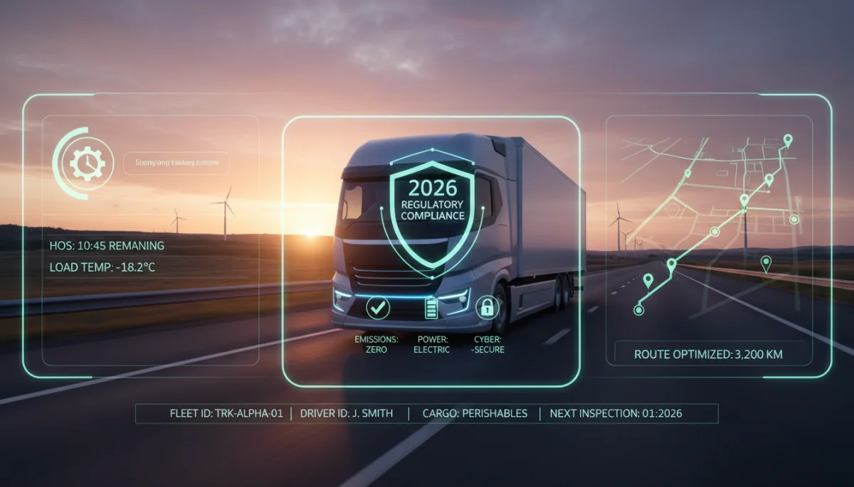 Modern semi-truck with digital overlay representing 2026 trucking regulations
