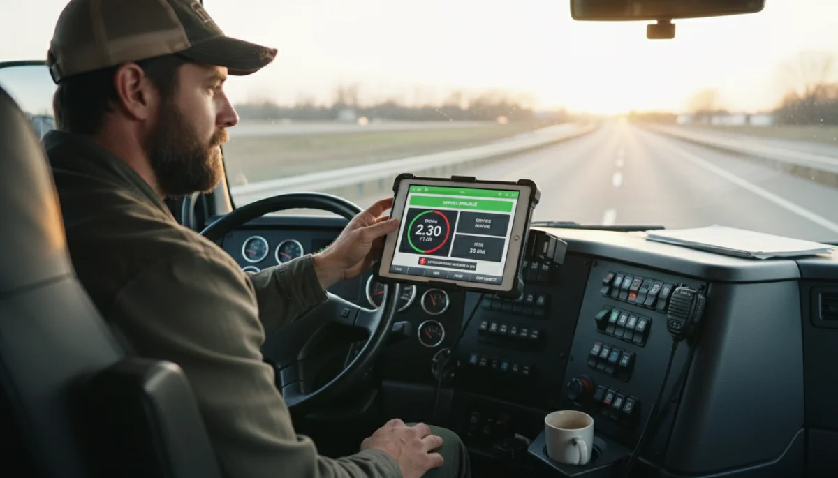 Truck driver reviewing ELD data and compliance information on a tablet