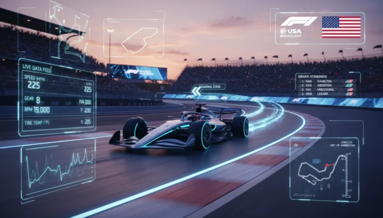 Formula 1 car with futuristic broadcast data overlays for US viewers