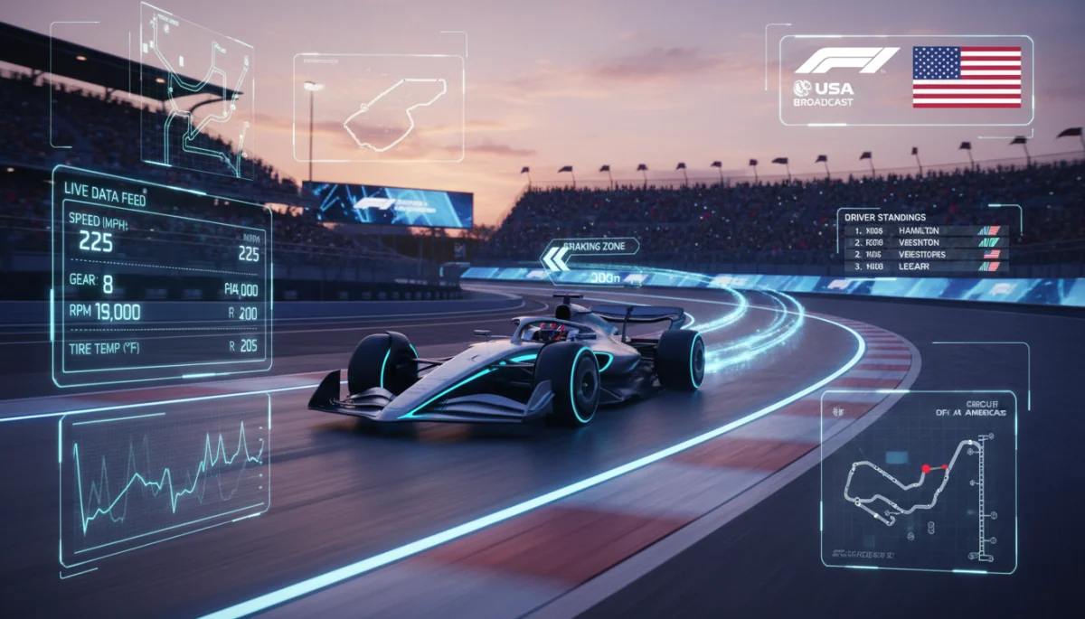 Formula 1 car with futuristic broadcast data overlays for US viewers