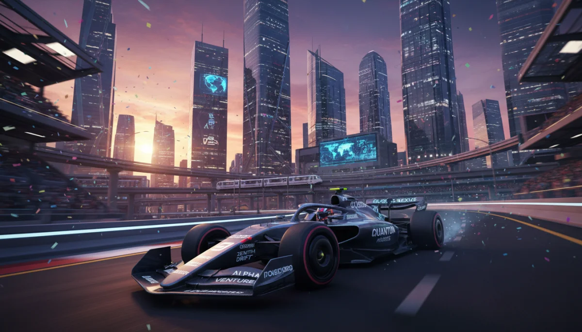 Formula 1 car on a track with city skyline, representing global market entry and US sponsorship opportunities.