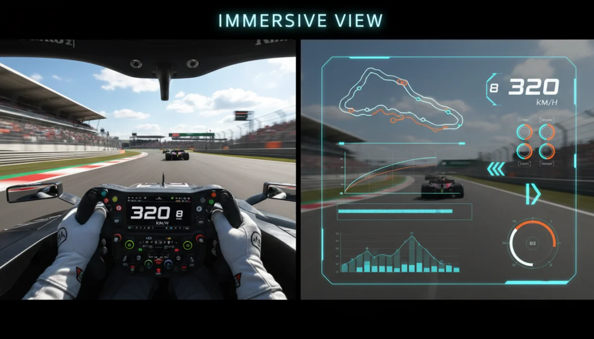 Split screen F1 broadcast showing driver's view and telemetry data