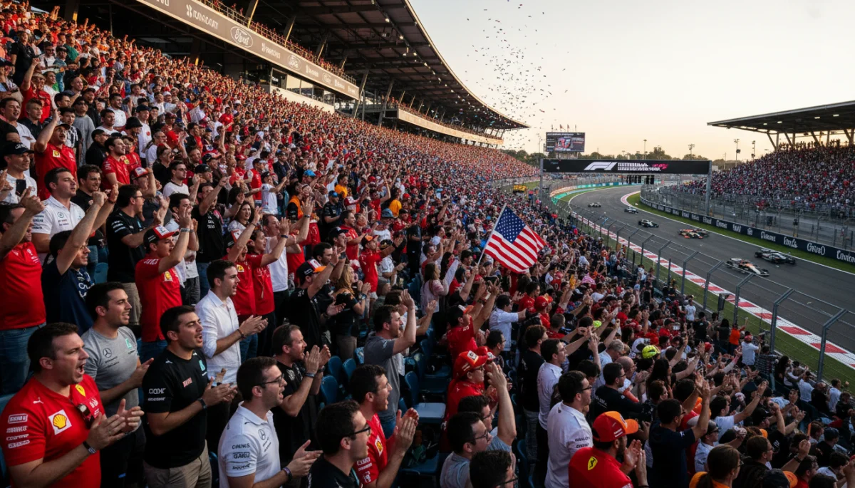 Diverse F1 fans cheering in a grandstand, showcasing growing US popularity and sponsorship potential.
