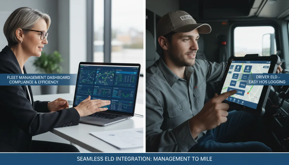 Fleet manager analyzing ELD data and driver interacting with ELD tablet
