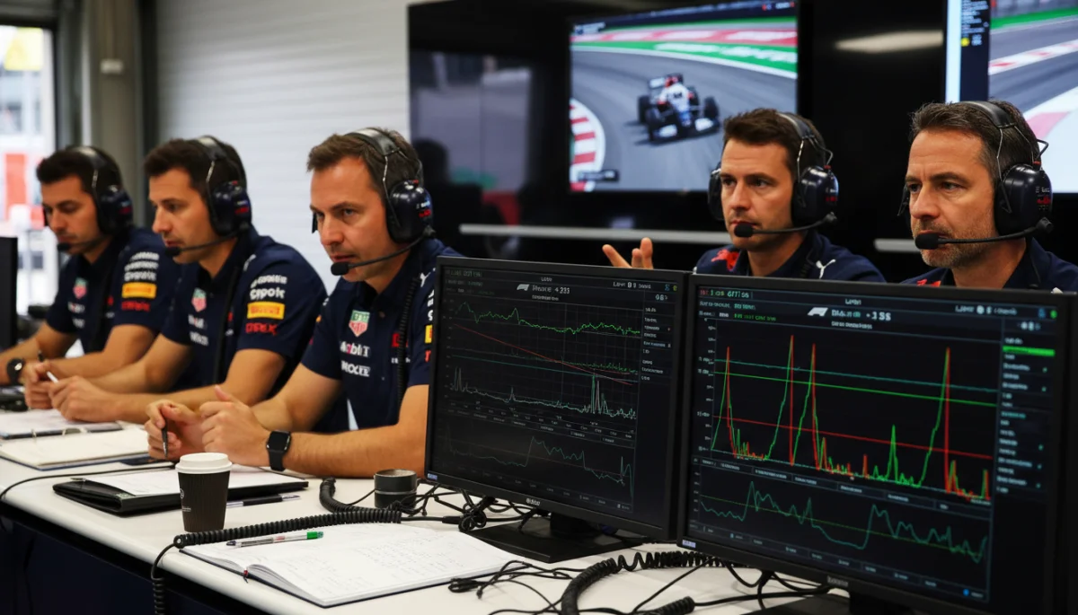 Racing team engineers strategizing at pit wall with data screens
