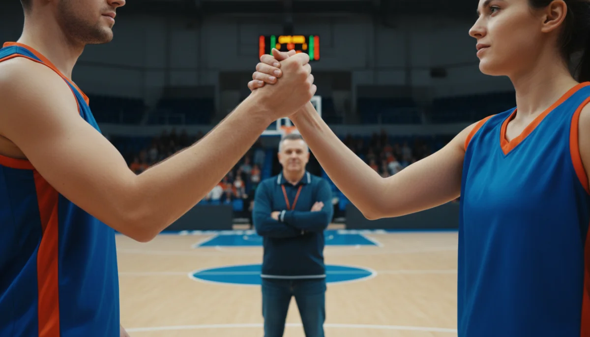 Athletes shaking hands after resolving conflict