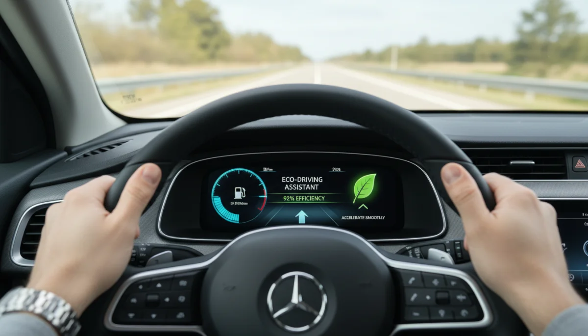 Car dashboard showing fuel gauge and eco-driving assistant