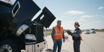 DOT officer conducting roadside inspection on commercial truck driver in 2026