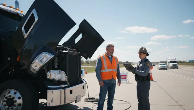DOT officer conducting roadside inspection on commercial truck driver in 2026