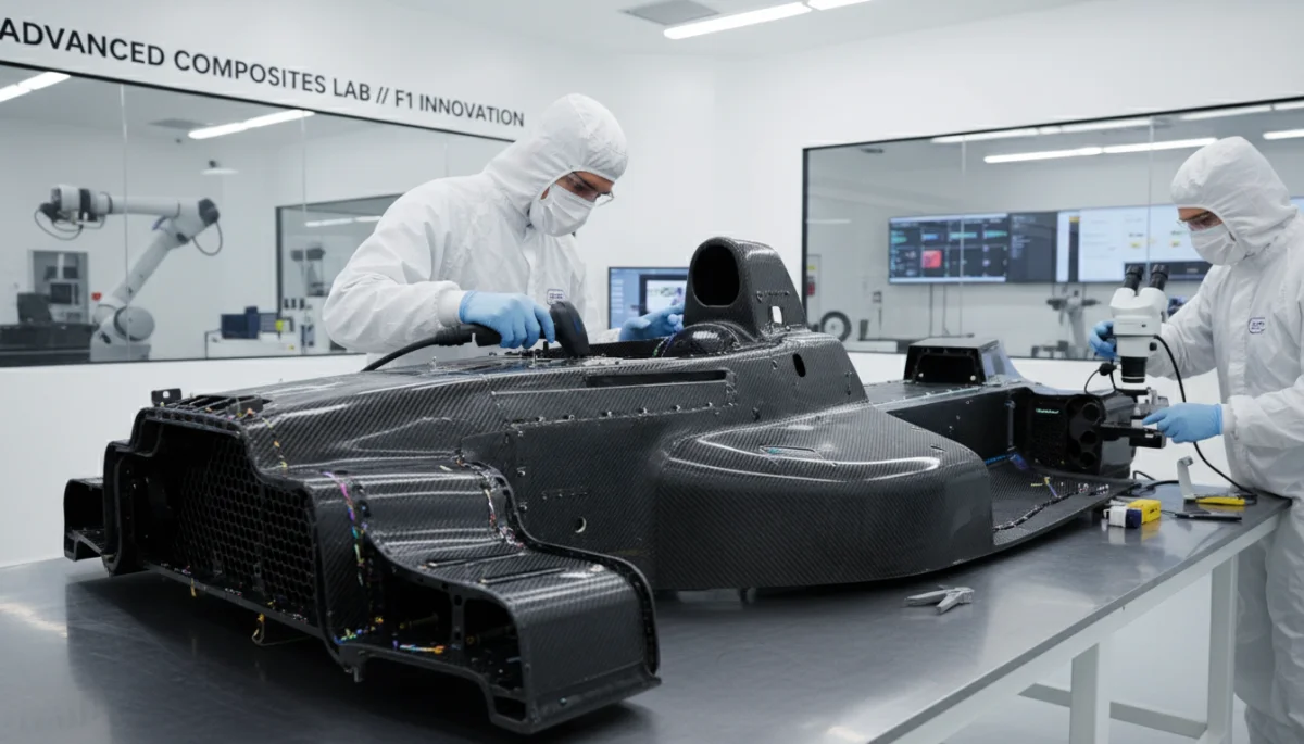 F1 engineers examining a carbon fiber chassis component with advanced inspection tools.