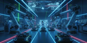 Advanced robotics and precision machinery in an F1 factory, preparing for 2026 car production.