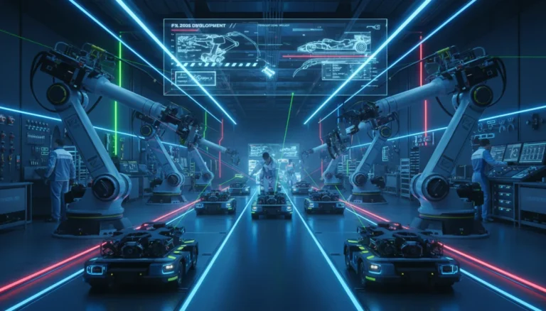 Advanced robotics and precision machinery in an F1 factory, preparing for 2026 car production.