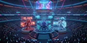Futuristic esports arena with three distinct player archetypes