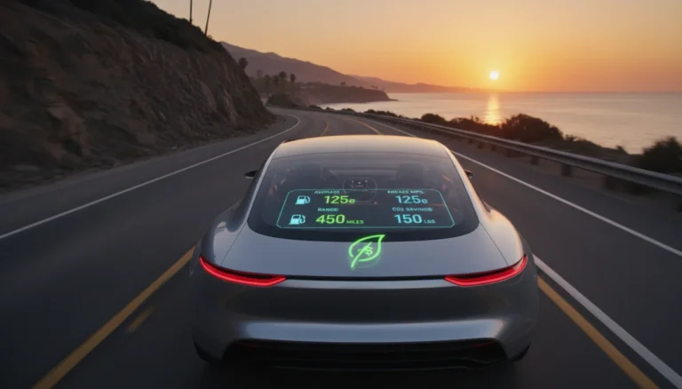 Modern car on highway with fuel efficiency data overlay