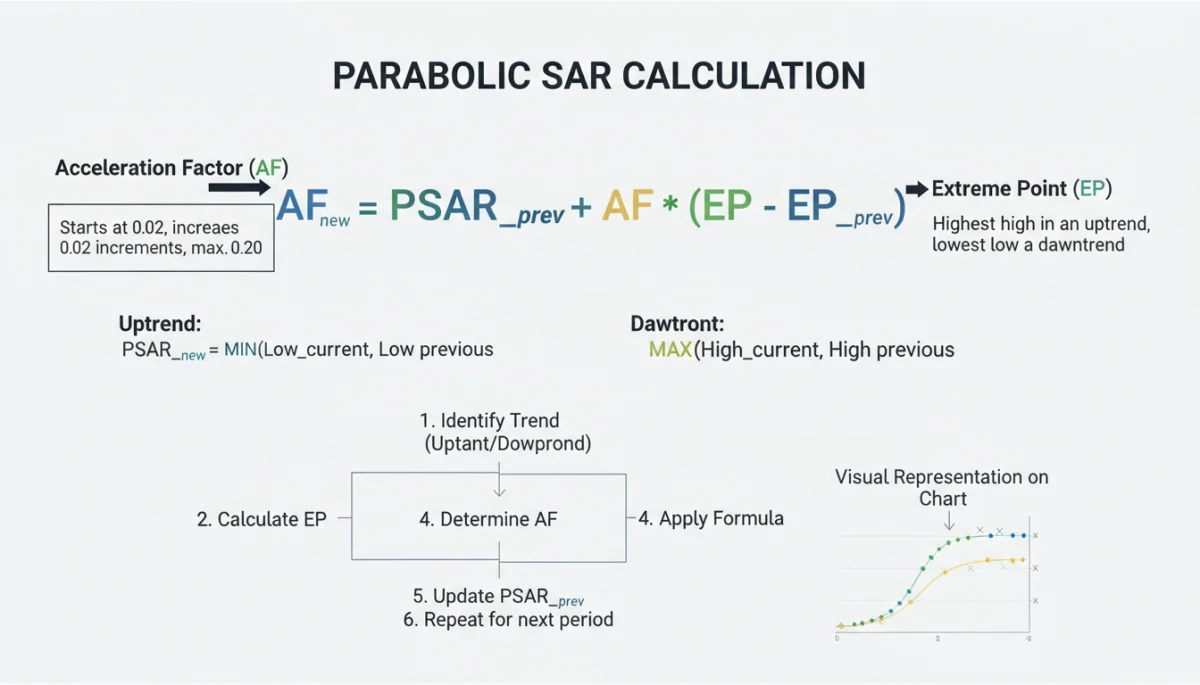 Parabolic SAR formula and calculation explained, detailing acceleration factor and extreme point.