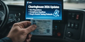 Commercial driver holding CDL with 'Clearinghouse 2026 Updates' on screen