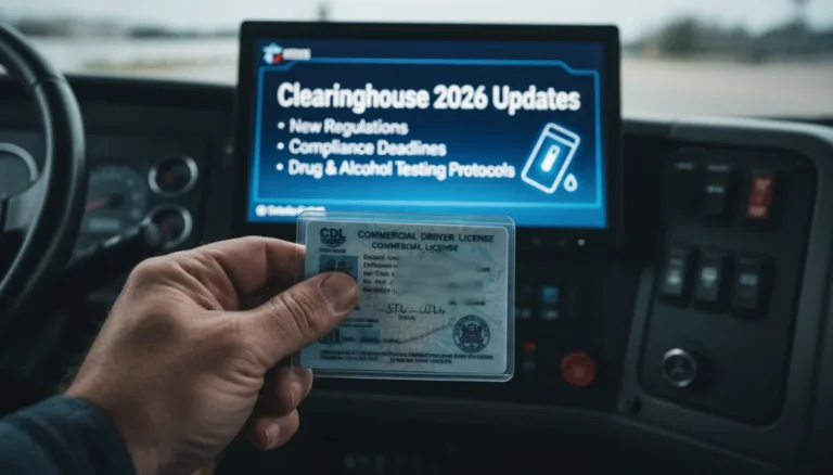 Commercial driver holding CDL with 'Clearinghouse 2026 Updates' on screen