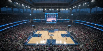 Packed sports arena during a championship game, highlighting financial investment