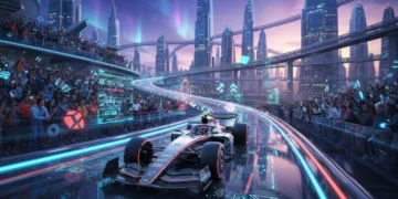 Futuristic F1 car showcasing digital transformation with data overlays and AR fan experience.