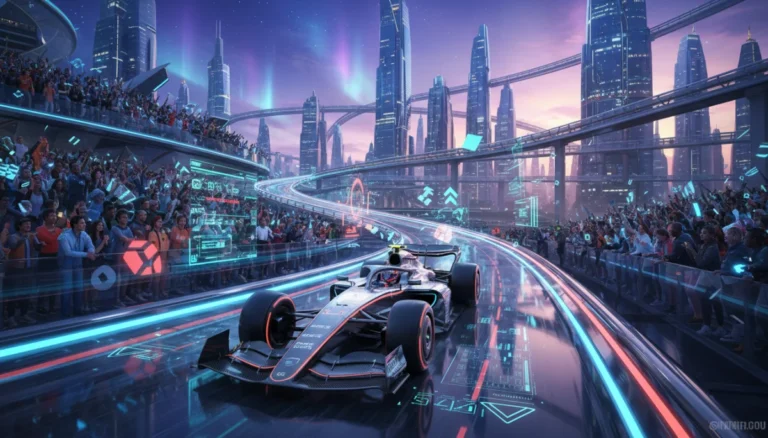 Futuristic F1 car showcasing digital transformation with data overlays and AR fan experience.