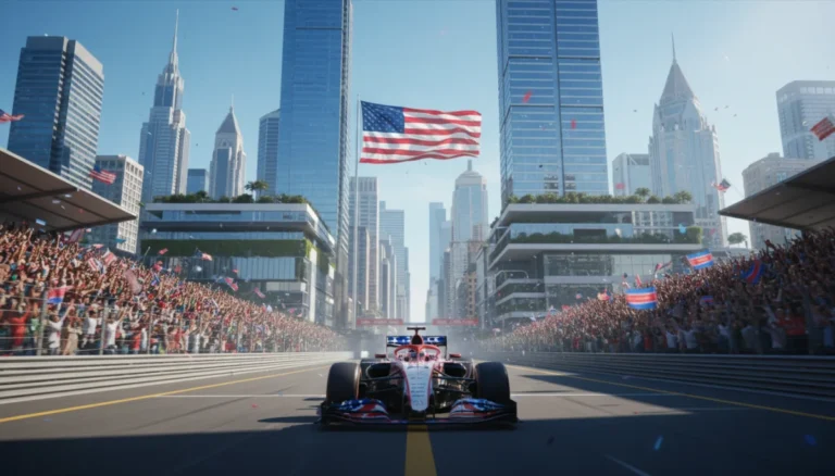 Formula 1 race car on US track with city skyline, symbolizing economic growth