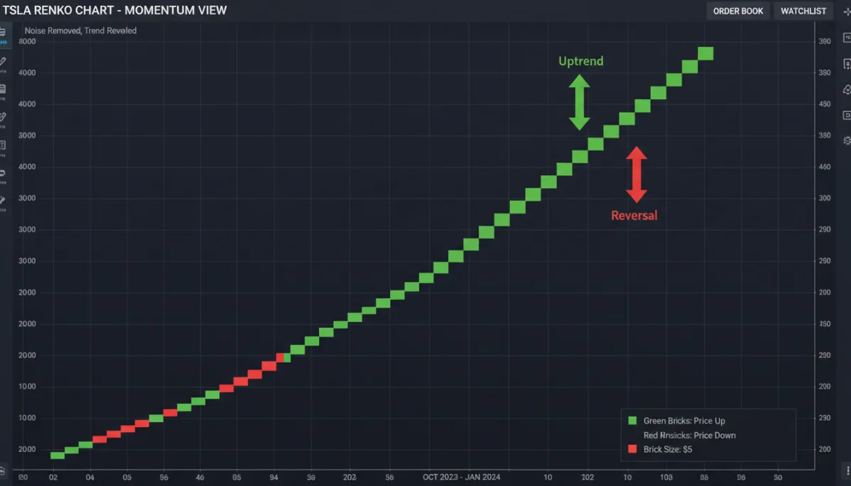 Renko chart illustrating clear uptrend in US stock, filtering out market noise