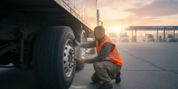 Truck driver performing pre-trip inspection on a semi-truck