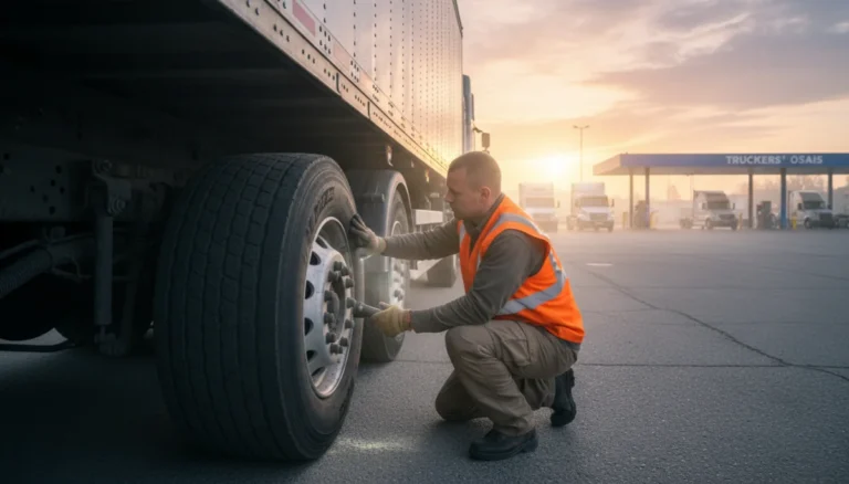 Truck driver performing pre-trip inspection on a semi-truck